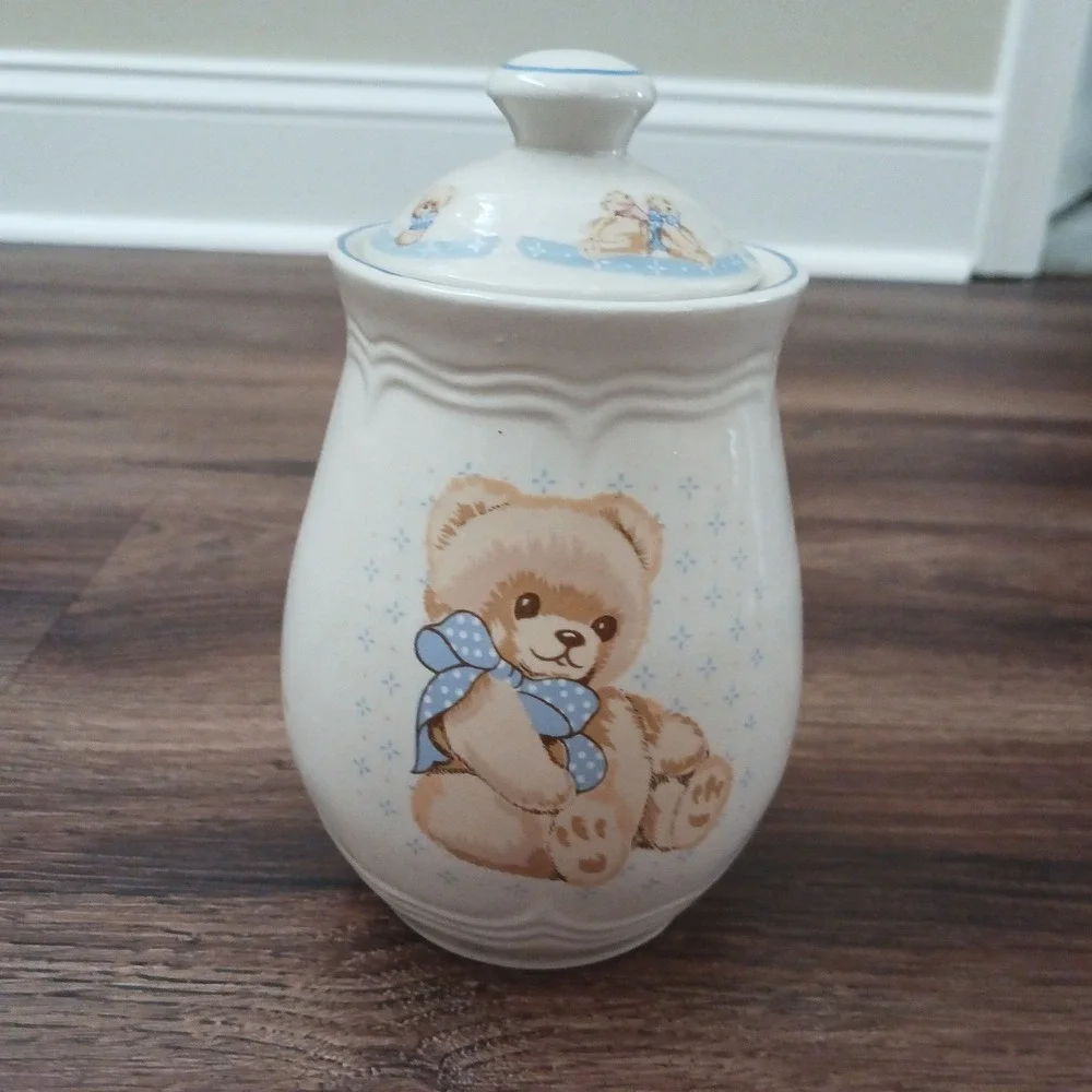 Tienshan Stoneware Teddy Bear Canister Jar with Lid Blue Bow Vintage Ceramic